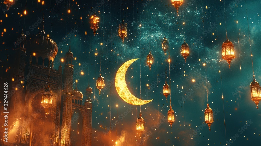 Fototapete mosque and candle lanterns with moon hanging ramadan kareem template. colorful background meteor spl