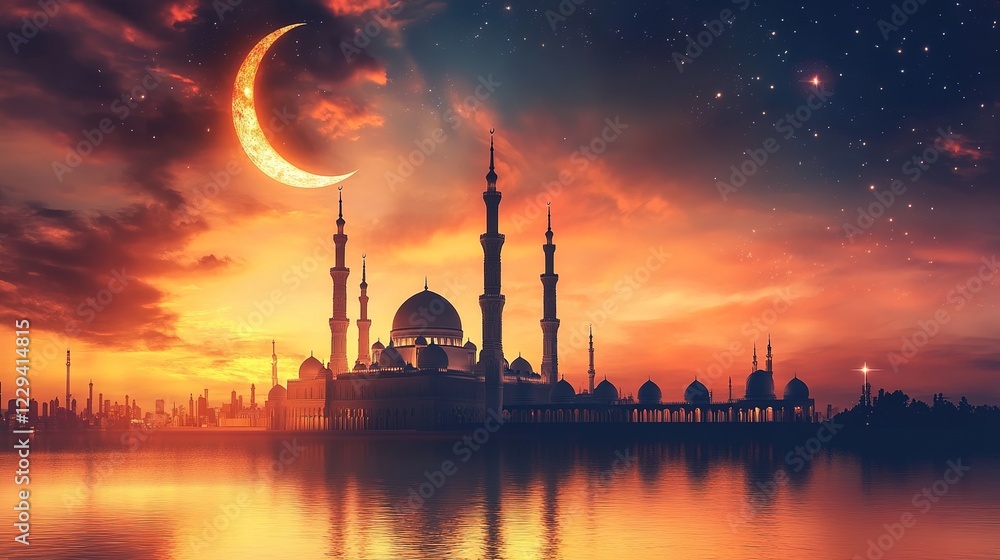 Fototapete Mosque and candle lanterns with moon hanging Ramadan kareem template. Colorful Background Meteor Splash Flakes Overlay for Dynamic Visuals 