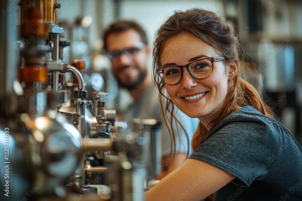 Poster focus on teamwork and innovation in a modern laboratory setting with smiling professionals