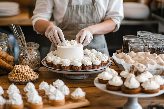 Pastry chef decorating cakes with icing