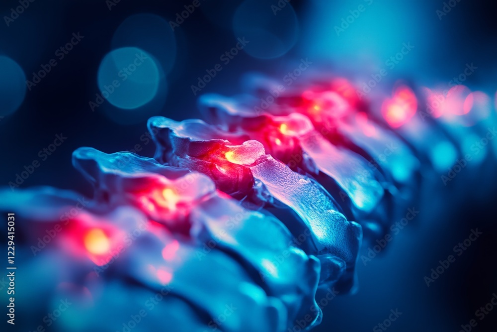 Poster detailed view of spinal vertebrae illuminated with red and blue lights showcasing anatomical structu