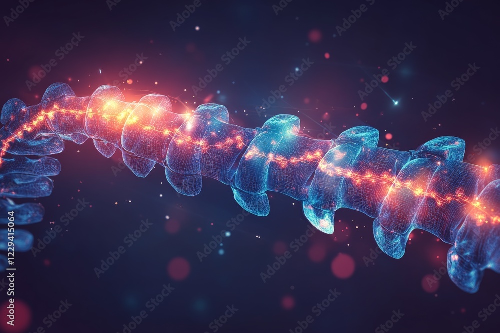 Poster intricate representation of a glowing spinal column highlighting neural pathways and energy flow in 