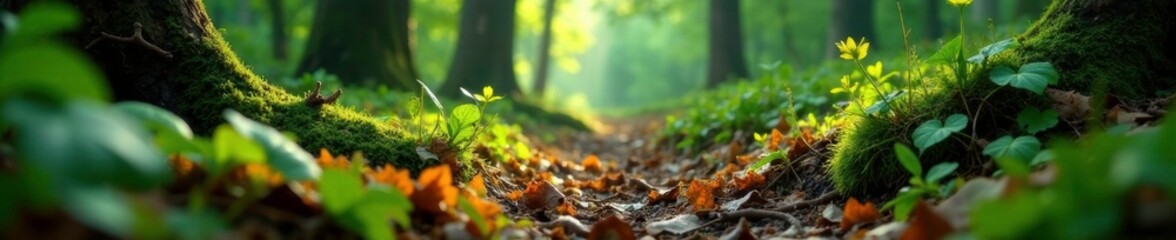 Obraz premium The forest floor is carpeted with leaves and twigs, undergrowth and wildflowers, twigs, plant life, Abkhazia