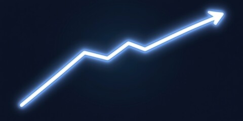 Glowing Neon Blue Ascending Business Success Graph Line Arrow on Dark Blue Gradient Background