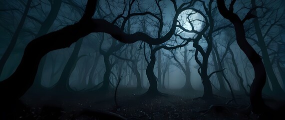 Naklejka premium A spooky forest scene where twisted branches twist into the shape of lurking shadows under the moonlight