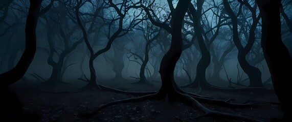 Naklejka premium A spooky forest scene where twisted branches twist into the shape of lurking shadows under the moonlight