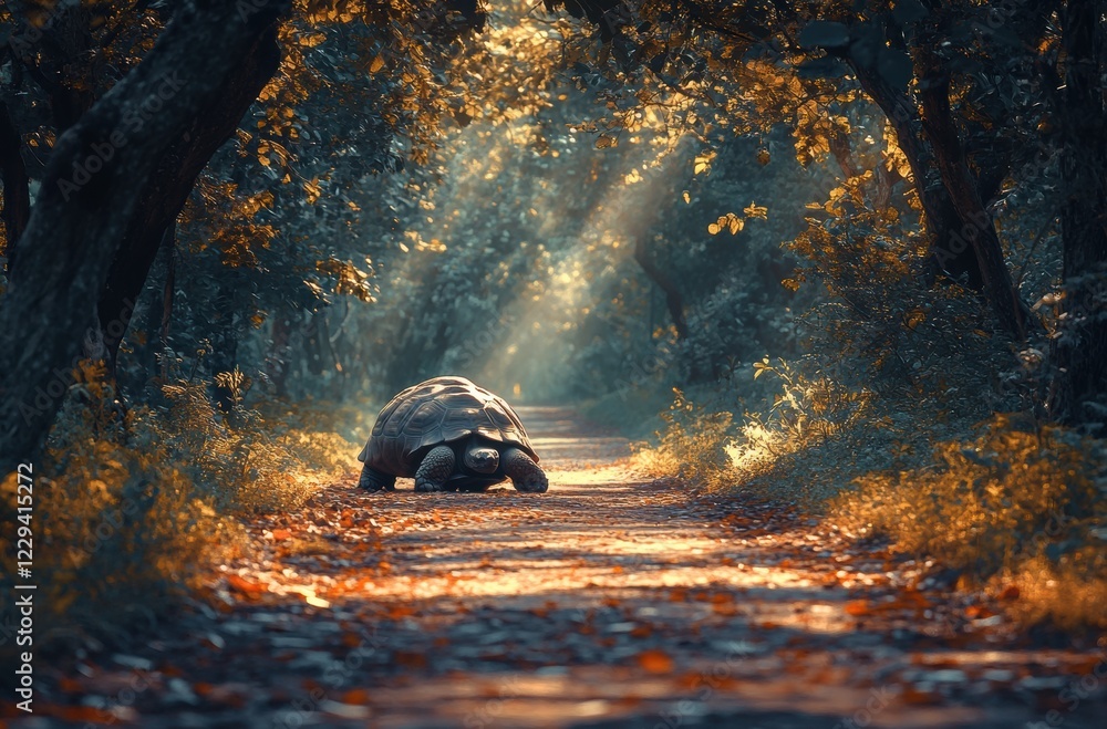 Poster majestic tortoise slowly moving along a serene tree-lined pathway illuminated by soft sunlight and s