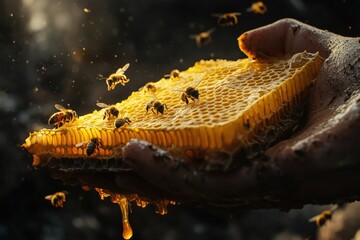 Close up of a beekeeper's hand with honeycomb and bees in a vibrant setting. Generative AI