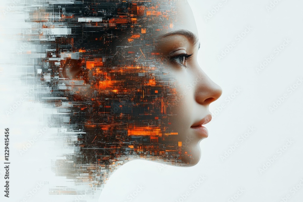 Aufkleber portrait of a woman's profile blending with digital patterns in a futuristic style