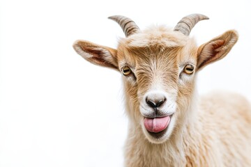 Fototapeta premium A playful white goat is sticking its tongue out against white