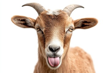 A playful white goat is sticking its tongue out against white