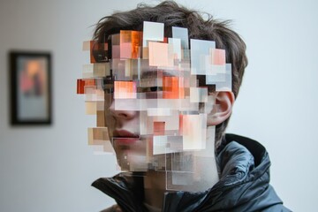 Artistic representation of identity through fragmented digital imagery in an indoor setting