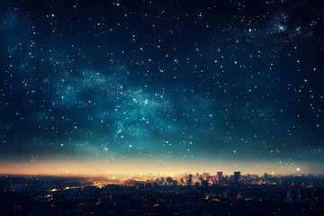 Fototapeta premium City skyline illuminated under a starry night sky showcasing distant galaxies and bright stars