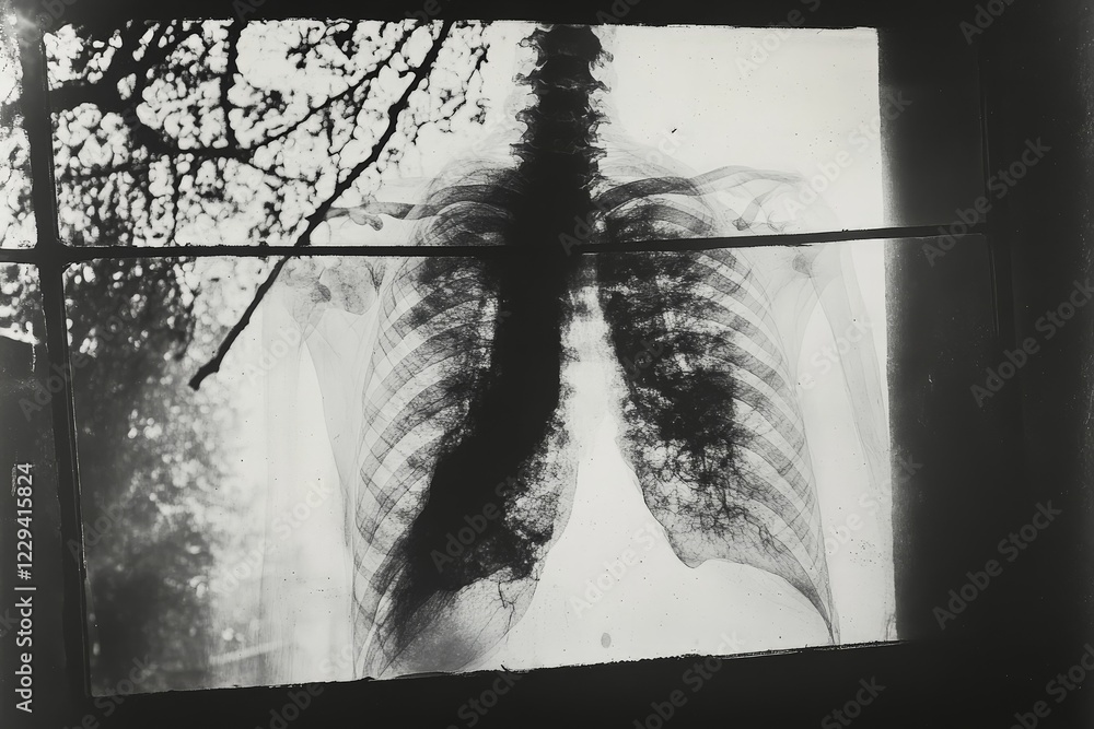 Poster X-ray of human lungs displayed in a window with natural light filtering through trees