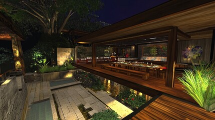 Obraz premium Nighttime Asian-style home, garden party, outdoor dining