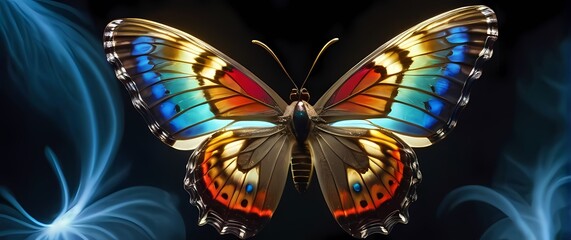 A striking close up of an ornate butterfly revealing its colorful wings in intricate detail