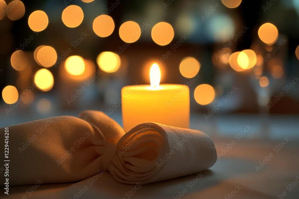 Poster candlelight dinner setting with soft bokeh lights and elegant table arrangements in a cozy atmospher