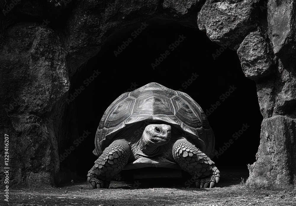 Poster majestic turtle emerging from dark cave in black and white, showcasing intricate shell patterns and 