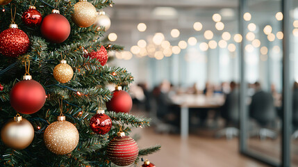 Festive Christmas tree adorned with red and gold ornaments in a modern office setting during a meeting