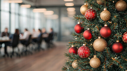 Festive Christmas tree adorned with ornaments, enhancing a business meeting atmosphere