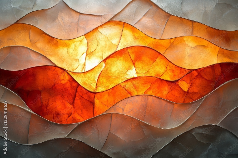 Poster colorful abstract design featuring flowing waves in warm tones of orange and red illuminated from be