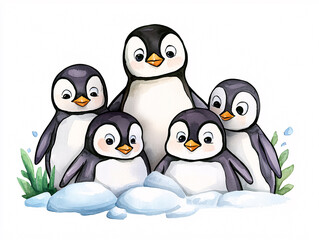 Fototapeta premium Group of playful penguins gathered on a snowy landscape, surrounded by soft snow and green plants