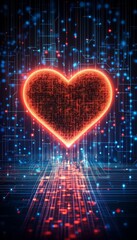Glowing Red Digital Heart Futuristic Abstract with Blue, Red Data Streams on Dark Background