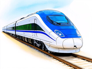 Fototapeta premium High-speed train traveling on tracks through a scenic landscape with clear skies