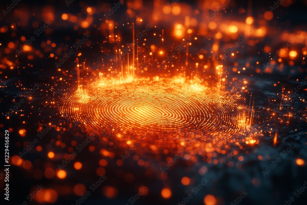 Poster digital fingerprint illuminated by glowing particles creates a futuristic atmosphere in a dark setti