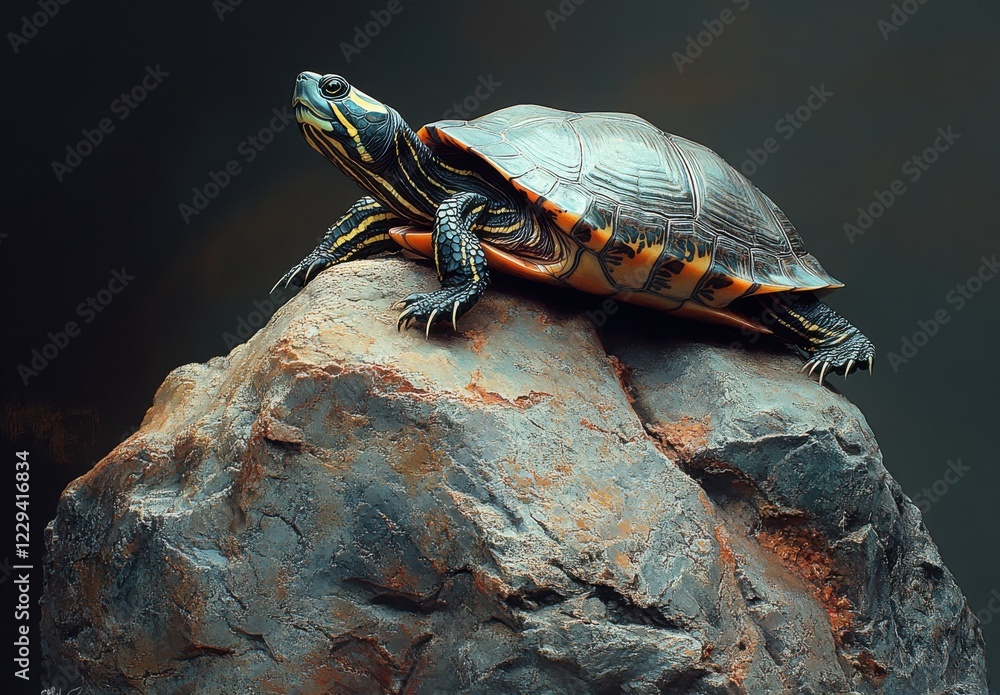 Poster majestic turtle sitting on a rock with striking shell patterns and colorful stripes against a soft f