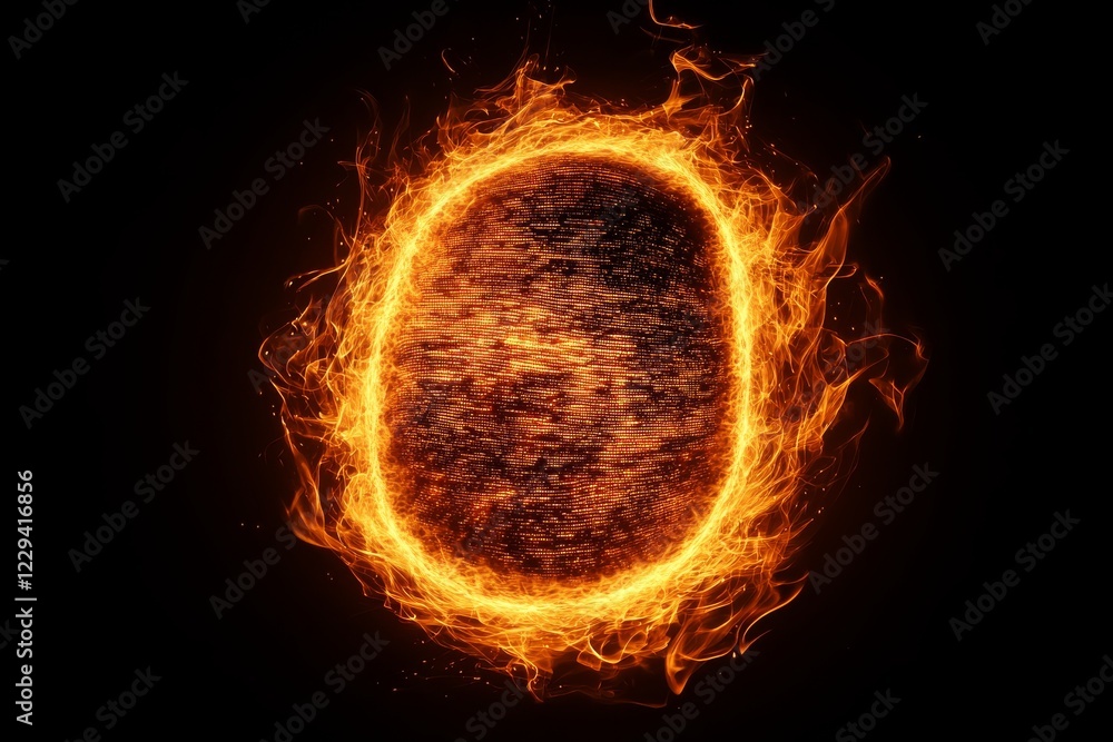 Poster glowing orb of fire surrounded by bright flames creates an intense visual display in a dark environm