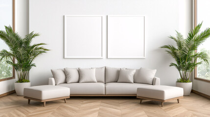 Modern living room with a light sofa, empty frames, and lush plants in a bright setting