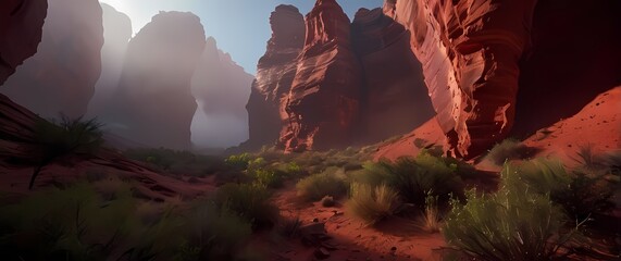 A striking landscape of red rock formations contrasting with vivid foliage