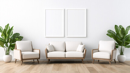 Modern living room with minimalist furniture, two empty frames, and lush indoor plants