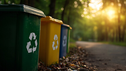 Recycling bins lined along a forest path during sunset, promoting eco-friendly waste management