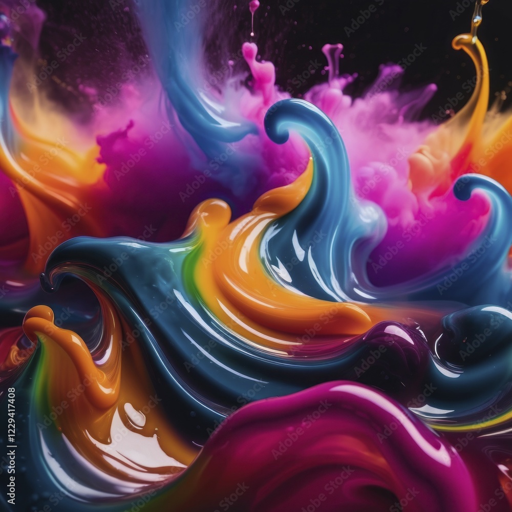 Poster dynamic liquid splash of vibrant colors against a black background creating fluid motion in abstract