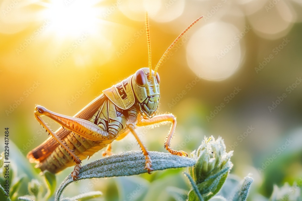 Poster grasshopper perched on a leaf illuminated by sunlight during a warm afternoon