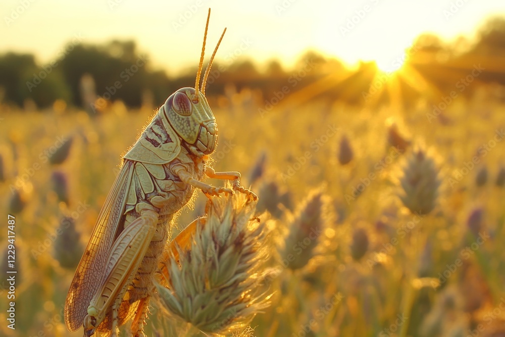 Poster grasshopper resting on a flower as sunlight illuminates a golden field at dawn