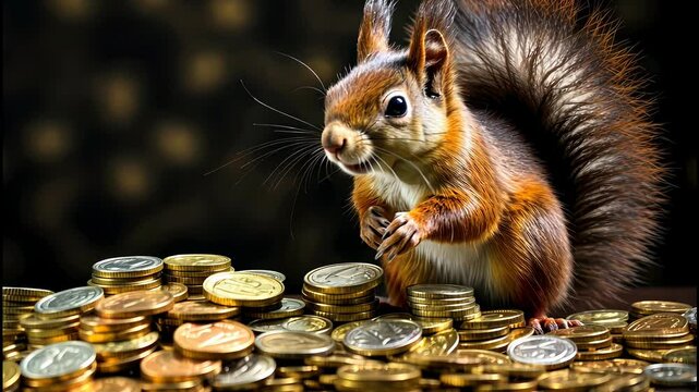 A curious squirrel explores a treasure trove of shimmering coins in a whimsical setting