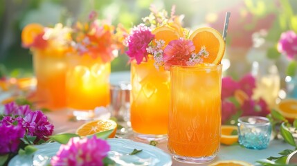A collection of orange drinks with floral garnishes, bold colors, and a fresh summer vibe for gatherings.
