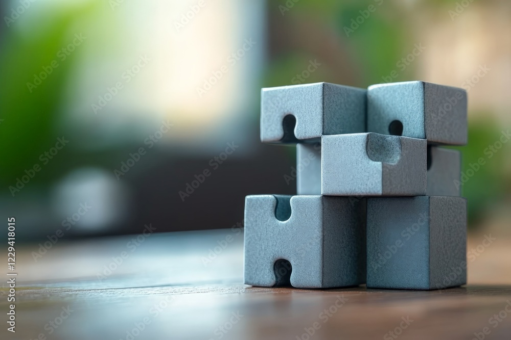 Poster gray building blocks stacked on a wooden table in a bright room filled with greenery