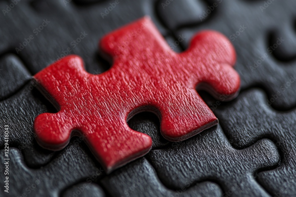 Poster red puzzle piece placed on black jigsaw puzzle background showcasing detail and texture