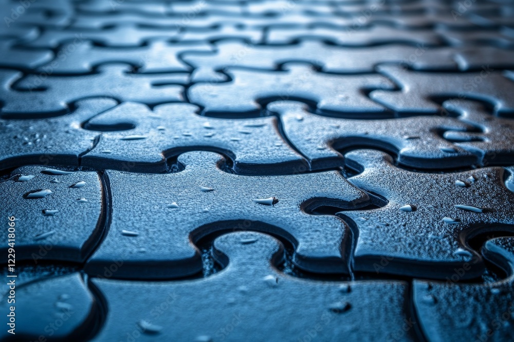 Poster puzzle pieces laid out with a smooth texture reflecting water droplets in soft lighting
