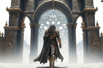 Naklejka premium A hooded figure walks towards an ornate stone archway in a desert landscape.