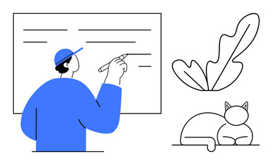 Person in blue writing on a board with a pen, next to a relaxing cat and a leaf. Ideal for work-life balance, creativity, education, relaxation, productivity, tranquility mindfulness. Abstract line