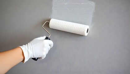 A close-up of a hand wearing a white glove holding a paint roller, painting a textured gray wall. The scene captures the motion of applying paint with a focus on the roller against the surface.