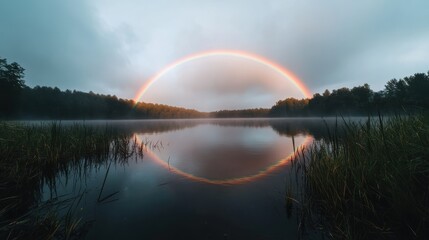 A breathtaking view of a double rainbow after a fresh rainstorm
