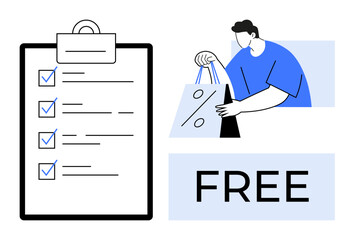 Clipboard with checked items, person holding shopping bags with discount tag, and FREE text. Ideal for to-do lists, shopping preparation, discounts, promotions, productivity, organizing retail