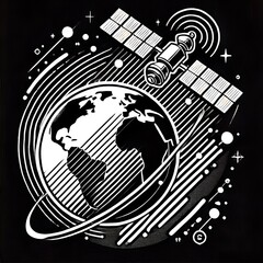 Earth with satellite orbiting in space, minimalist design, monochromatic colors