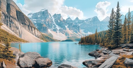 Fototapeta premium A lake with mountains and trees reflected in the water